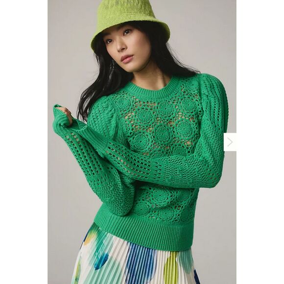 Green Joie Merino Wool Puff-Sleeve Crochet Open-Stitch Crewneck Sweater (NWT) - Picture 2 of 5